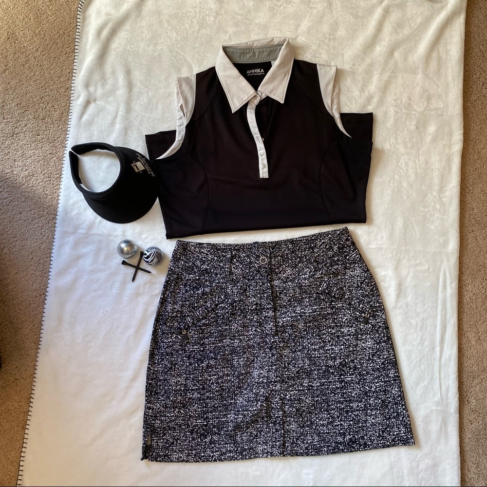 3 pc black and white ladies golf skort, top and visor